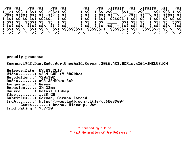 NFO for the release Sommer.1943.Das.Ende.der.Unschuld.German.2016.AC3.BDRip.x264-iNKLUSiON by iNKLUSiON