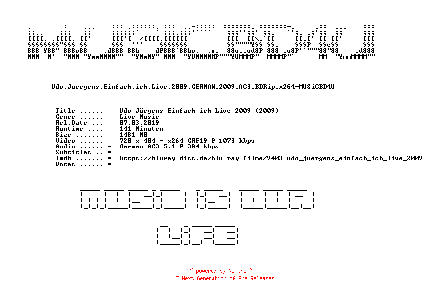 NFO for the release Udo.Juergens.Einfach.ich.Live.2009.GERMAN.2009.AC3.BDRip.x264-MUSiCBD4U by MUSiCBD4U