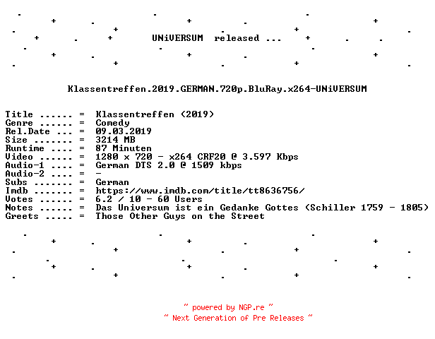 NFO for the release Klassentreffen.2019.GERMAN.720p.BluRay.x264-UNiVERSUM by UNiVERSUM