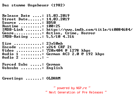 NFO for the release Das.stumme.Ungeheuer.German.1982.AC3.BDRiP.x264.iNTERNAL-SPiCY by SPiCY