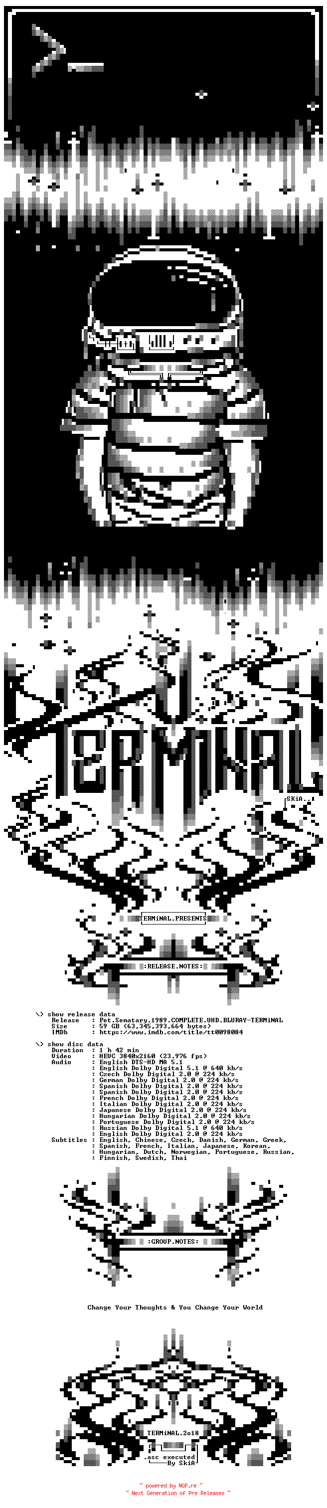 NFO for the release Pet.Sematary.1989.COMPLETE.UHD.BLURAY-TERMiNAL by TERMiNAL