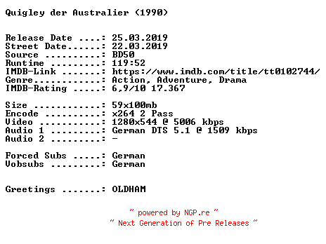 NFO for the release Quigley.der.Australier.1990.German.720p.BluRay.x264-SPiCY by SPiCY