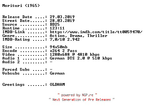 NFO for the release Morituri.1965.German.720p.BluRay.x264-SPiCY by SPiCY