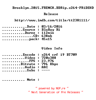 NFO for the release Brooklyn.2015.FRENCH.BDRip.x264-PRiDEHD by PRiDEHD