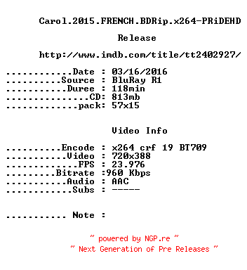 NFO for the release Carol.2015.FRENCH.BDRip.x264-PRiDEHD by PRiDEHD