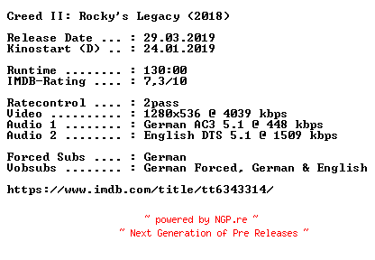 NFO for the release Creed.II.Rockys.Legacy.2018.German.DL.720p.BluRay.x264-COiNCiDENCE by COiNCiDENCE