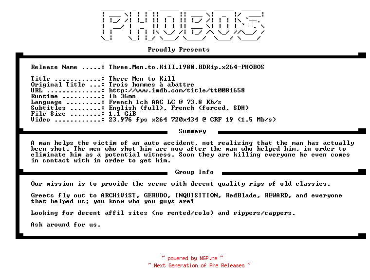 NFO for the release Three.Men.to.Kill.1980.BDRip.x264-PHOBOS by PHOBOS