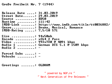 NFO for the release Grosse.Freiheit.Nr.7.1944.German.720p.BluRay.x264-SPiCY by SPiCY
