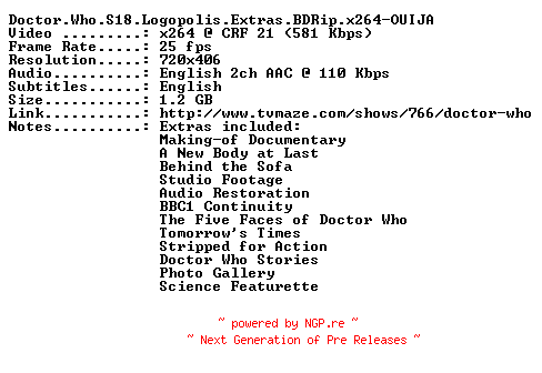 NFO for the release Doctor.Who.S18.Logopolis.Extras.BDRip.x264-OUIJA by OUIJA