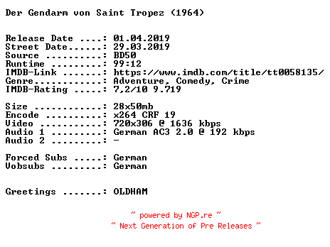 NFO for the release Der.Gendarm.von.Saint.Tropez.German.1964.AC3.BDRiP.x264.iNTERNAL-SPiCY by SPiCY