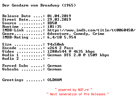 NFO for the release Der.Gendarm.vom.Broadway.1965.German.720p.BluRay.x264-SPiCY by SPiCY