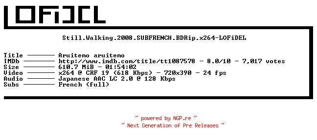 NFO for the release Still.Walking.2008.SUBFRENCH.BDRip.x264-LOFiDEL by LOFiDEL