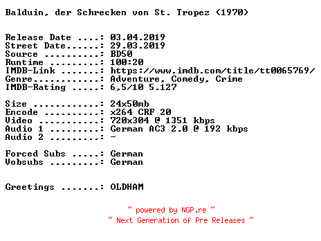 NFO for the release Balduin.der.Schrecken.von.St.Tropez.German.1970.AC3.BDRiP.x264.iNTERNAL-SPiCY by SPiCY
