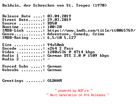 NFO for the release Balduin.der.Schrecken.von.St.Tropez.1970.German.720p.BluRay.x264-SPiCY by SPiCY