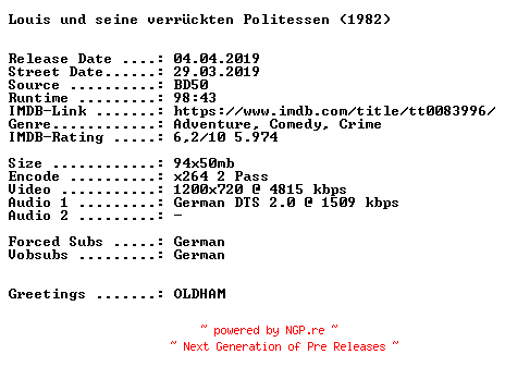 NFO for the release Louis.und.seine.verrueckten.Politessen.1982.German.720p.BluRay.x264-SPiCY by SPiCY