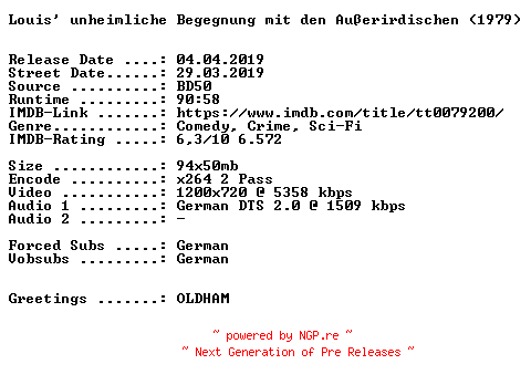 NFO for the release Louis.unheimliche.Begegnung.mit.den.Ausserirdischen.1979.German.720p.BluRay.x264-SPiCY by SPiCY
