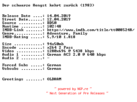NFO for the release Der.schwarze.Hengst.kehrt.zurueck.1983.German.720p.BluRay.x264-SPiCY by SPiCY