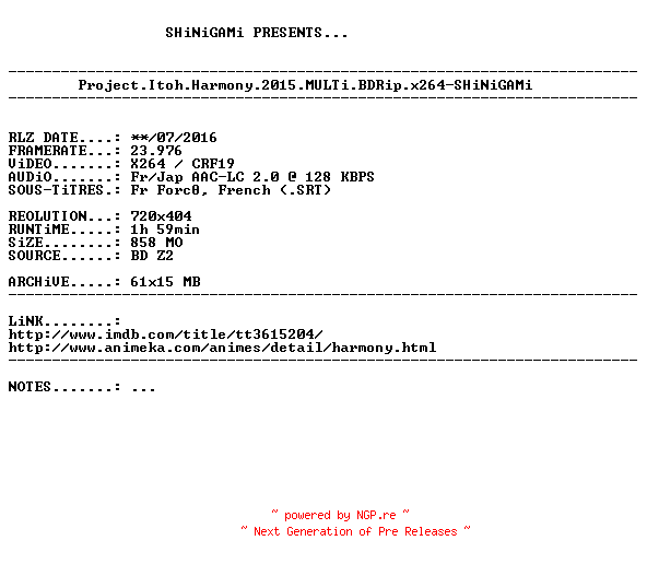 NFO for the release Project.Itoh.Harmony.2015.MULTi.BDRip.x264-SHiNiGAMi by SHiNiGAMi