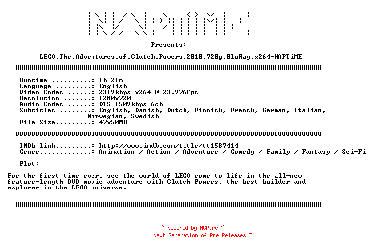NFO for the release LEGO.The.Adventures.of.Clutch.Powers.2010.720p.BluRay.x264-NAPTiME by NAPTiME