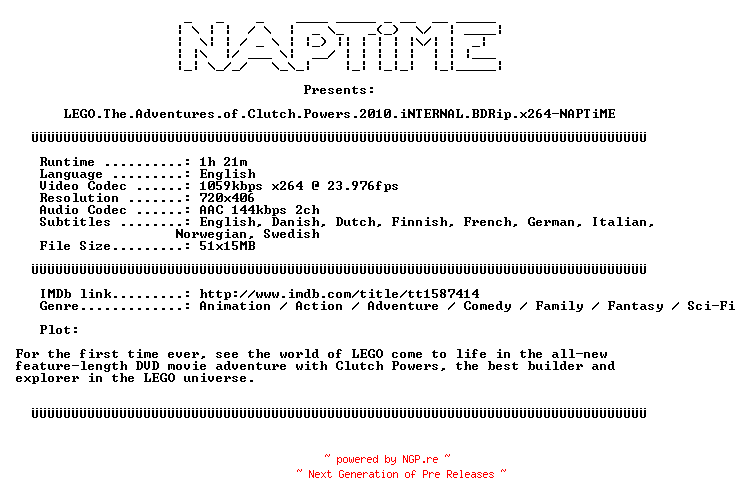 NFO for the release LEGO.The.Adventures.of.Clutch.Powers.2010.iNTERNAL.BDRip.x264-NAPTiME by NAPTiME