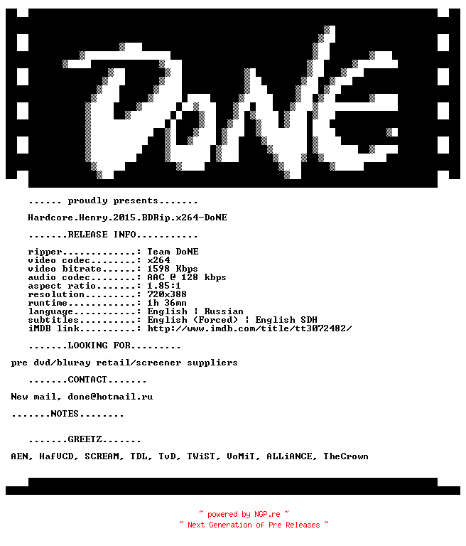 NFO for the release Hardcore.Henry.2015.BDRip.x264-DoNE by DoNE