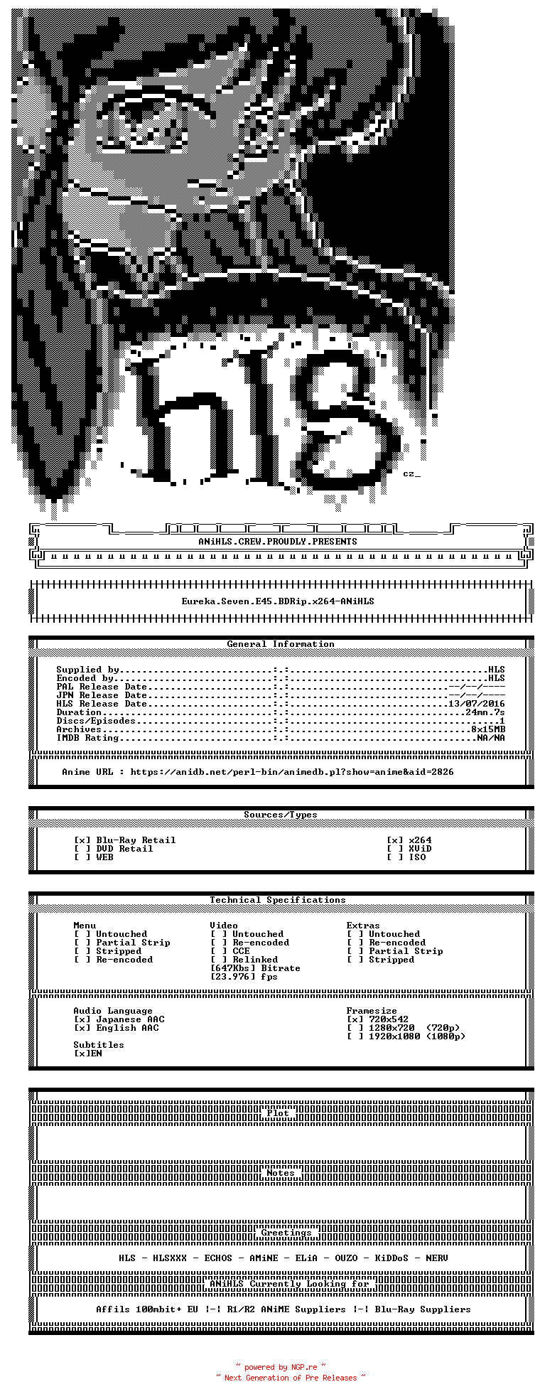 NFO for the release Eureka.Seven.E45.BDRip.x264-ANiHLS by ANiHLS