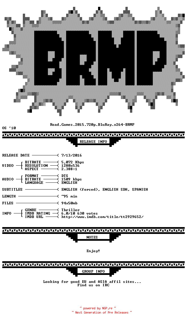 NFO for the release Road.Games.2015.720p.BluRay.x264-BRMP by BRMP