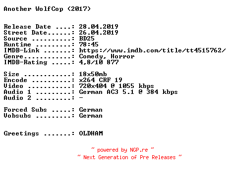 NFO for the release Another.WolfCop.German.2017.AC3.BDRiP.x264-SPiCY by SPiCY