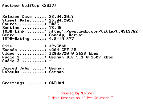 NFO for the release Another.WolfCop.2017.German.720p.BluRay.x264-SPiCY by SPiCY