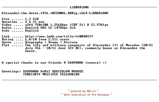 NFO for the release Alexander.the.Great.1956.iNTERNAL.BDRip.x264-LiBRARiANS by LiBRARiANS