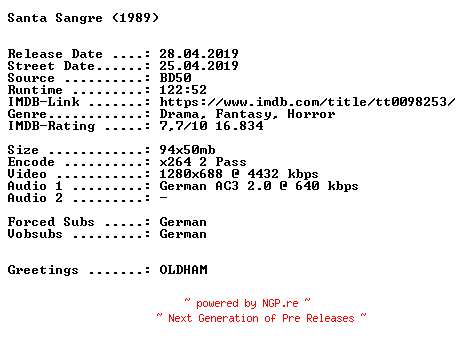 NFO for the release Santa.Sangre.1989.German.720p.BluRay.x264-SPiCY by SPiCY