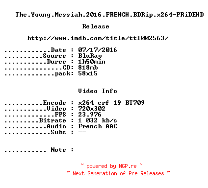 NFO for the release The.Young.Messiah.2016.FRENCH.BDRip.x264-PRiDEHD by PRiDEHD