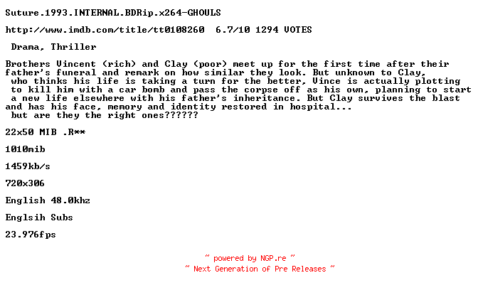 NFO for the release Suture.1993.INTERNAL.BDRip.x264-GHOULS by GHOULS