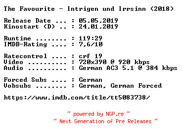 NFO for the release The.Favourite.Intrigen.und.Irrsinn.German.2018.AC3.BDRip.x264-COiNCiDENCE by COiNCiDENCE