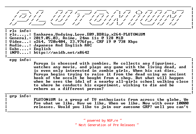 NFO for the release Sankarea.Undying.Love.E09.BDRip.x264-PLUTONiUM by PLUTONiUM