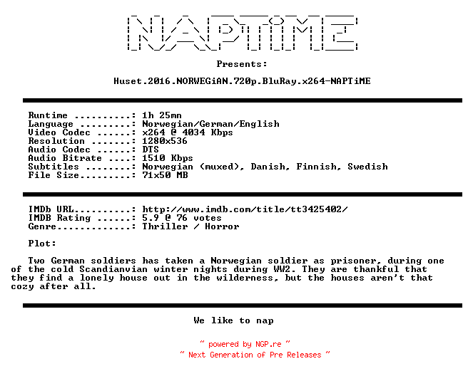NFO for the release Huset.2016.NORWEGiAN.720p.BluRay.x264-NAPTiME by NAPTiME