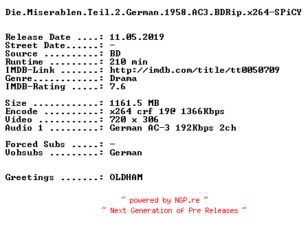NFO for the release Die.Miserablen.Teil.2.German.1958.AC3.BDRip.x264-SPiCY by SPiCY