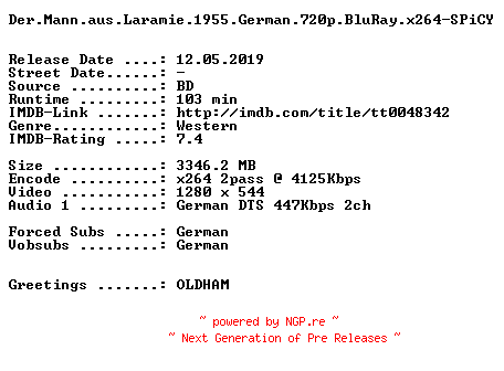 NFO for the release Der.Mann.aus.Laramie.1955.German.720p.BluRay.x264-SPiCY by SPiCY