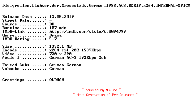 NFO for the release Die.grellen.Lichter.der.Grossstadt.German.1988.AC3.BDRiP.x264.iNTERNAL-SPiCY by SPiCY