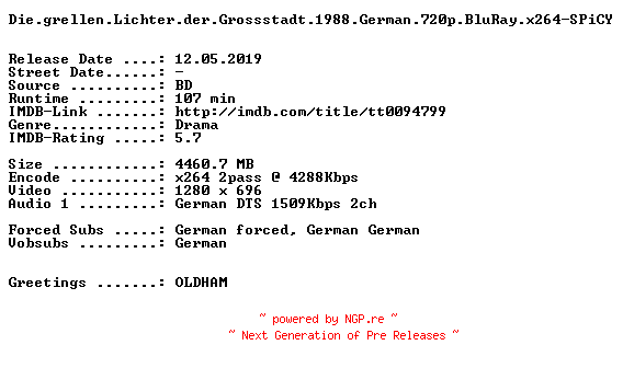 NFO for the release Die.grellen.Lichter.der.Grossstadt.1988.German.720p.BluRay.x264-SPiCY by SPiCY