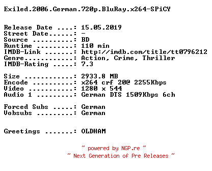 NFO for the release Exiled.2006.German.720p.BluRay.x264-SPiCY by SPiCY