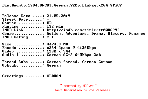 NFO for the release Die.Bounty.1984.UNCUT.German.720p.BluRay.x264-SPiCY by SPiCY