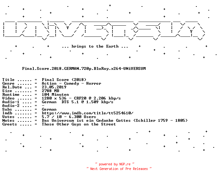NFO for the release Final.Score.2018.GERMAN.720p.BluRay.x264-UNiVERSUM by UNiVERSUM