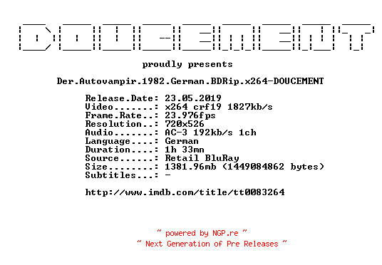 NFO for the release Der.Autovampir.1982.German.BDRip.x264-DOUCEMENT by DOUCEMENT