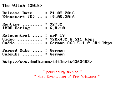 NFO for the release The.Witch.German.2015.AC3.BDRip.x264-COiNCiDENCE by COiNCiDENCE