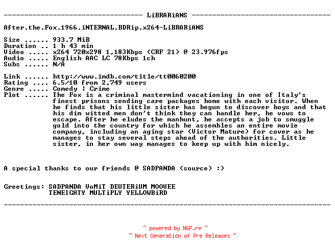 NFO for the release After.the.Fox.1966.iNTERNAL.BDRip.x264-LiBRARiANS by LiBRARiANS