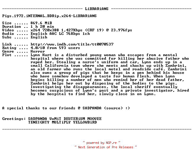 NFO for the release Pigs.1972.iNTERNAL.BDRip.x264-LiBRARiANS by LiBRARiANS