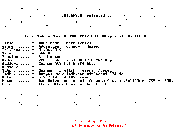 NFO for the release Dave.Made.a.Maze.GERMAN.2017.AC3.BDRip.x264-UNiVERSUM by UNiVERSUM