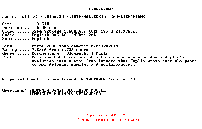 NFO for the release Janis.Little.Girl.Blue.2015.iNTERNAL.BDRip.x264-LiBRARiANS by LiBRARiANS