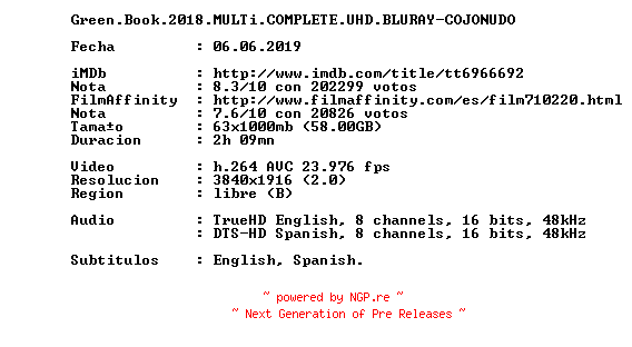 NFO for the release Green.Book.2018.MULTi.COMPLETE.UHD.BLURAY-COJONUDO by COJONUDO